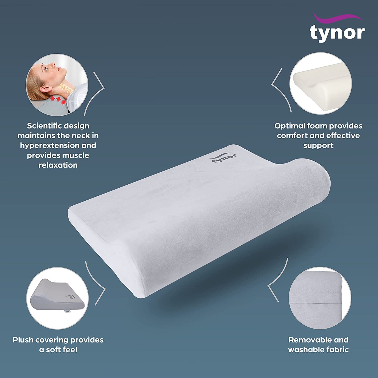 Tynor Contoured Cervical Pillow, Universal Size, 1 Unit Neck Support (Grey)