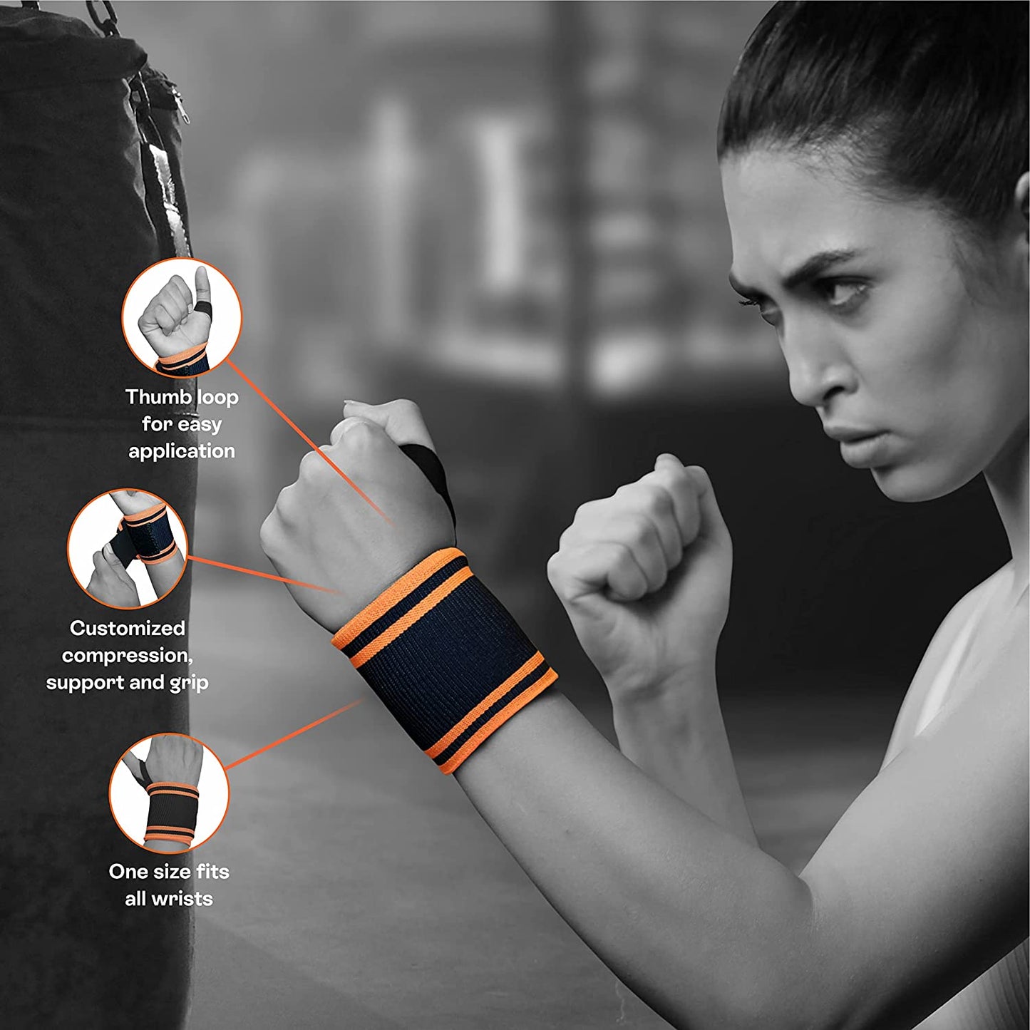 Tynor Wrist Wrap With Thumb Loop, Black & Orange Universal,1 Pair Wrist Support