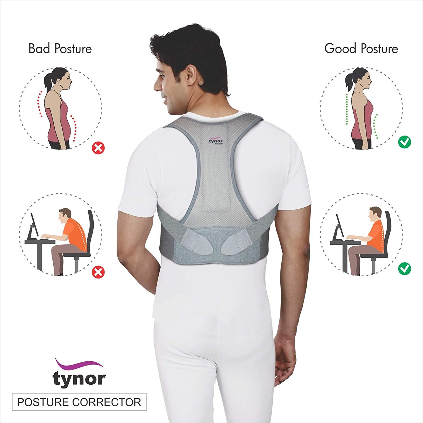 TYNOR Posture Corrector Back Support (Grey) for Obesity & Old Age